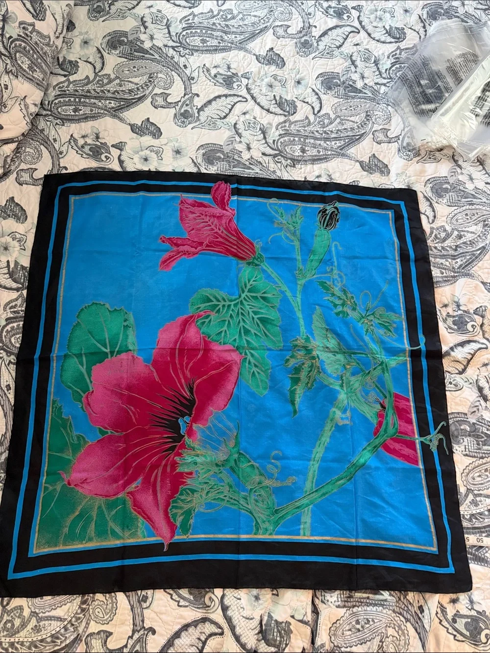 Vintage Thai silk 100% Blue Floral Square Scarf with Pink Bloom